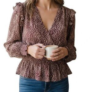 EXPRESS Wine & Cream Mixed Media Ruffle Trim Peplum Hem Blouse